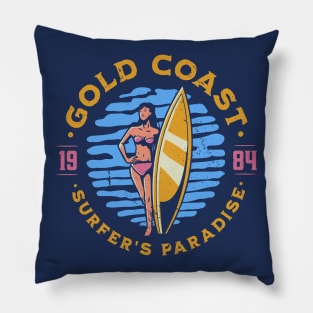 Vintage Gold Coast, Australia Surfer's Paradise // Retro Surfing 1980s Badge Pillow