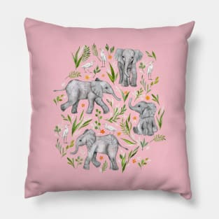 Baby Elephants and Egrets in watercolor - blush pink Pillow