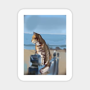 A  ginger cat looking at the ocean Magnet