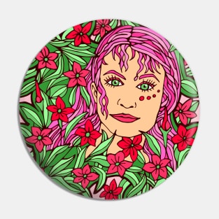 Pink Flower Girl and Green Leaves Pin