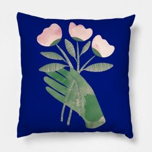 Green hand with powder pink flowers for you version 2 Pillow