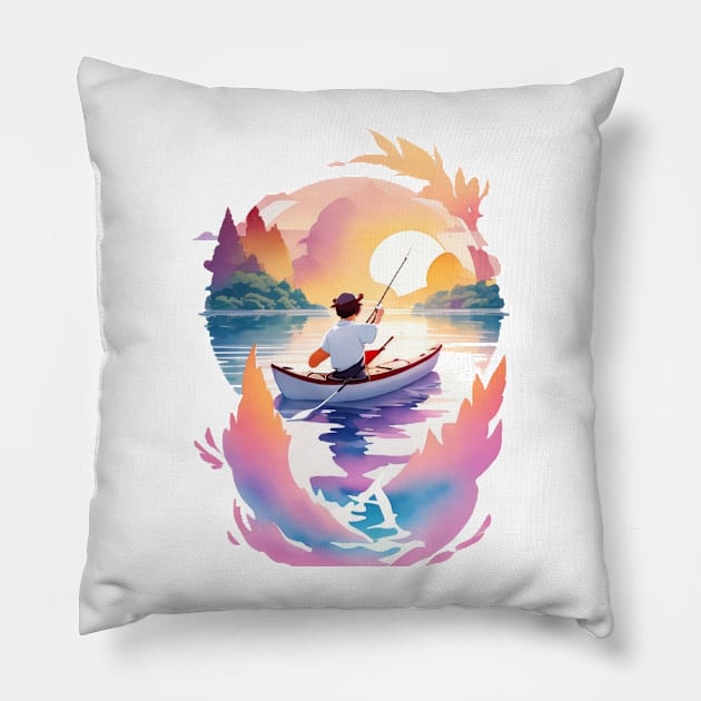 a man fishing in kayak in a river . Pillow by MeriemBz