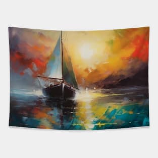 Seascape with a lonely sailboat at sunset. Tapestry