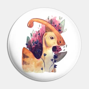 Cute Parasaurolophus Dinosaur Painting with Flowers and Leaves Pin