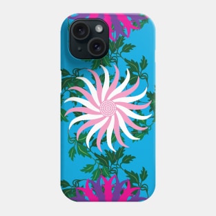 White and Pink, Cerise and Purple Flowers on a Vine Leaf and Vibrant Blue background Phone Case