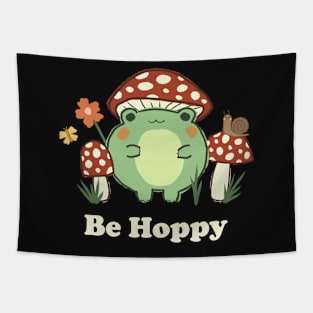 Cute Be Hoppy Retro Mushroom Frog | Cream Text Tapestry