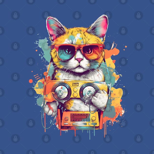 Playful cat wearing sunglasses and holding a boombox by ORart