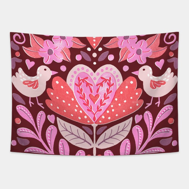 Folk Floral Heart Design Tapestry by Annelie