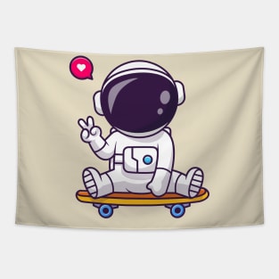 Cute Astronaut Peace Sign On Skateboard Cartoon Tapestry