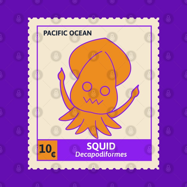 Kawaii Cute Silly Orange Squid, Ocean Stamp Collection, Stamp Collector by vystudio