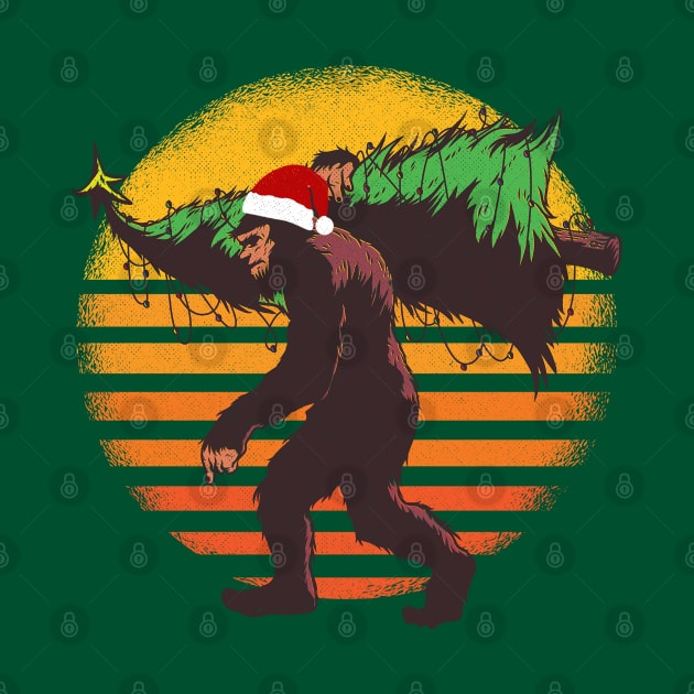 Big Foot Sasquatch Carrying A Christmas Tree Retro Sunset Santa Hat by Rosemarie Guieb Designs