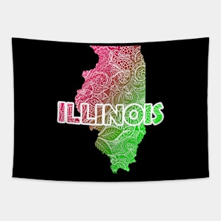 Colorful mandala art map of Illinois with text in pink and green Tapestry