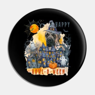 English Mastiff Happy Howl-o-ween Ghost Houses Funny Watercolor Pin