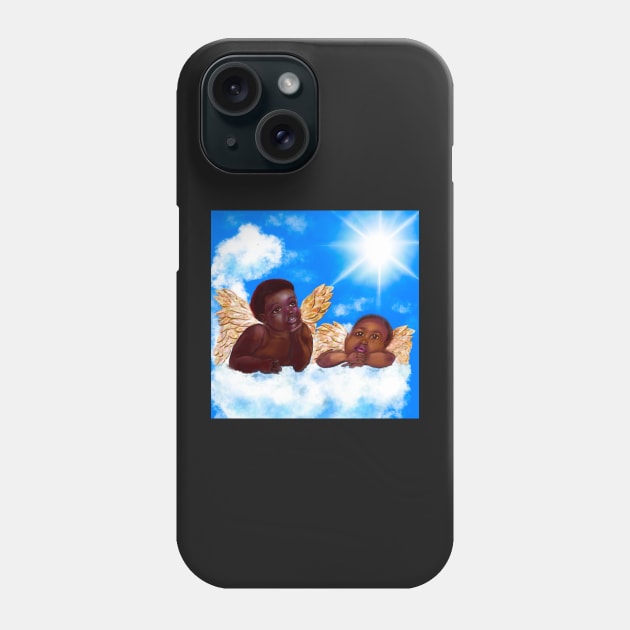 Cherubim- brown skin cherubs with curly Afro Hair and gold wings deep in thought on a cloud Phone Case by Artonmytee