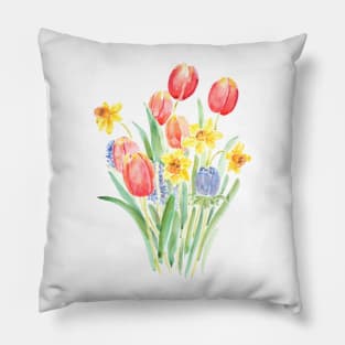 red tulips and yellow daffodils watercolor Pillow