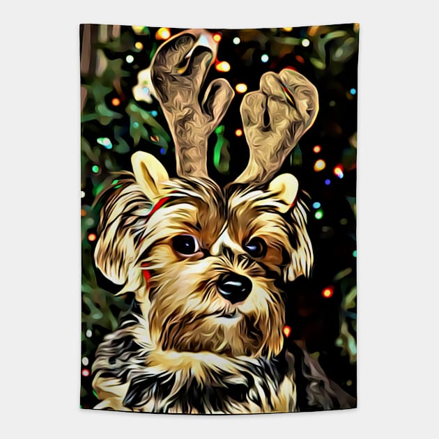 Christmas Yorkshire Terrier with Reindeer Antlers Tapestry by AdrianaHolmesArt