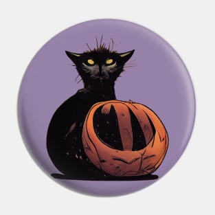 Scruffy black cat on a pumpkin Pin