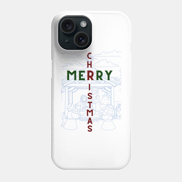 Merry Christmas Manger Scene Blue Background Phone Case by Ric1926