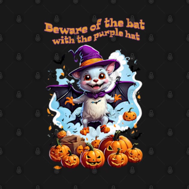 Funny Halloween bat lands on a pumpkin patch by BrisaArtPrints