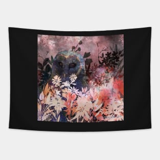 Cosmic Barn Owl in Flower Field Negative Painting Tapestry