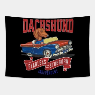 Funny Dachshund doxie  driving a retro vintage classic car  with red white and blue flags Tapestry