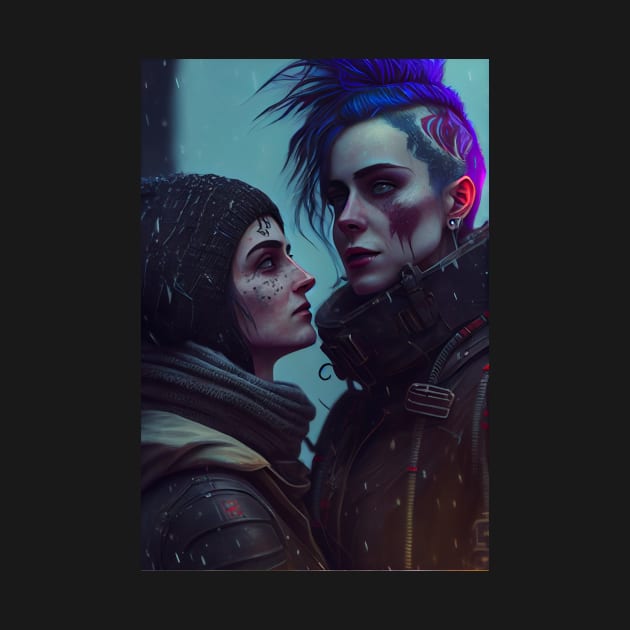 Futuristic Cyberpunk Lesbian Lovers Embrace in Emotional Portrait by Cyber Punks AI