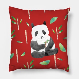 Watercolor Pandas and sugar cane on deep forest green Pillow