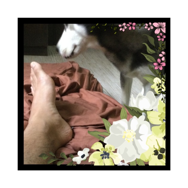 Funny Husky Dog Smelling Foot Flowers Simple by efgio