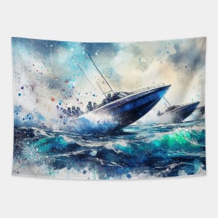 Artistic illustration of speed boats racing off the coast Tapestry