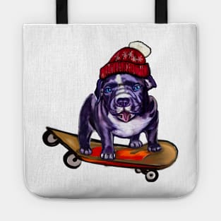 pit bull dog puppy skateboarding in a red beanie hat - cute funny blue line pittie with piercing blue eyes Tote