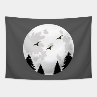 Trees and birds with moon silhouette Tapestry