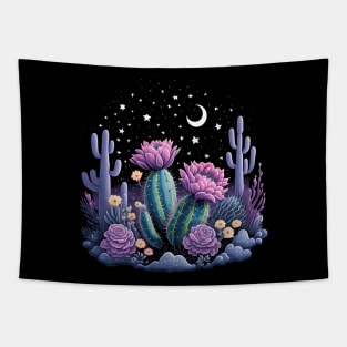 Cactus with Beautiful Flowers Starry Night Moon and Stars Tapestry
