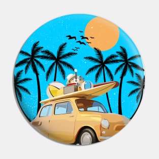 Let's Go To The Beach - Retro Vintage car with surfboard and beach ball Pin