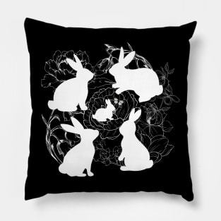 White Bunnies on White Sketched Flowers Pillow