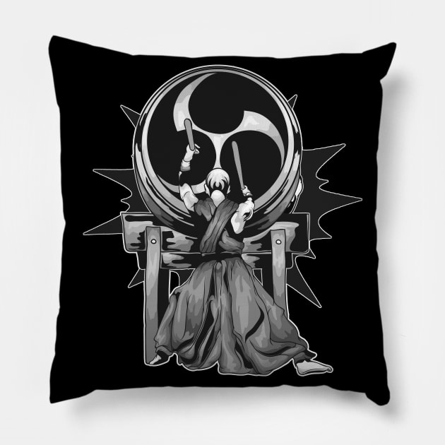 Taiko Odaiko Drummer Black & White Illustration Pillow by BonnaVida