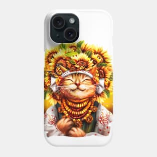 Ukrainian cat in folk costume, wearing a wreath of sunflowers, basking in the sun Phone Case