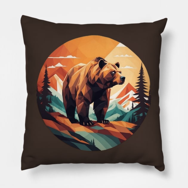 Geometric Bear In Mountain Forest Pillow by Trip Tank