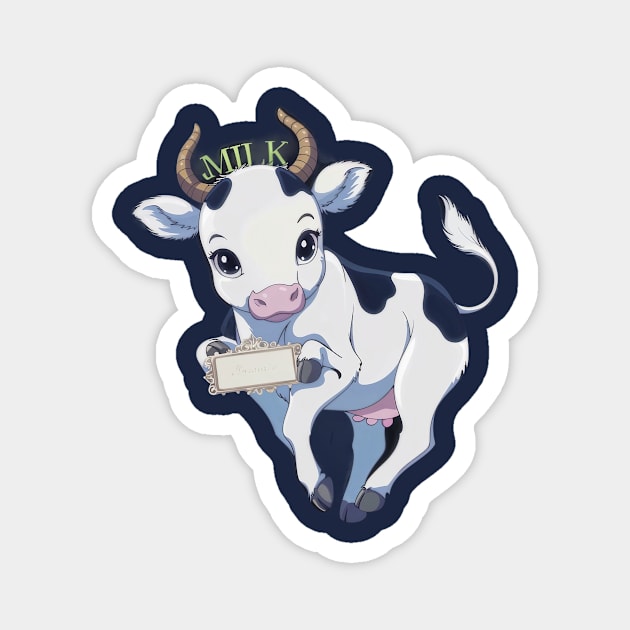 Baby cow is predominantly white with black spots and is holding a sign that reads “Milk Magnet by animegirlnft