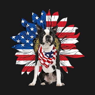 Boston Terrier American Flag Sunflower T-Shirt