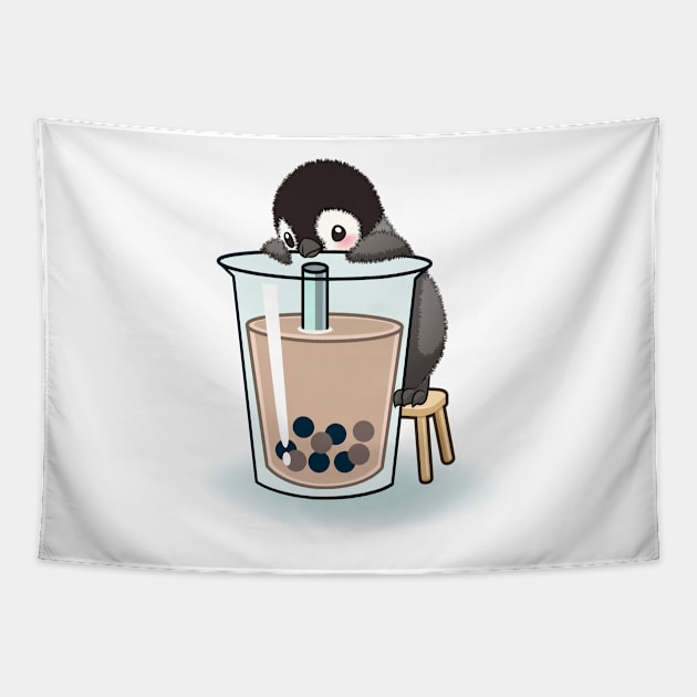 Happy emperor penguin chick with bubble tea Tapestry by tomodaging