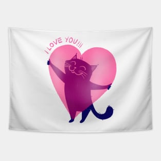 Cute blue cat holding a big pink heart - version 2 Tapestry