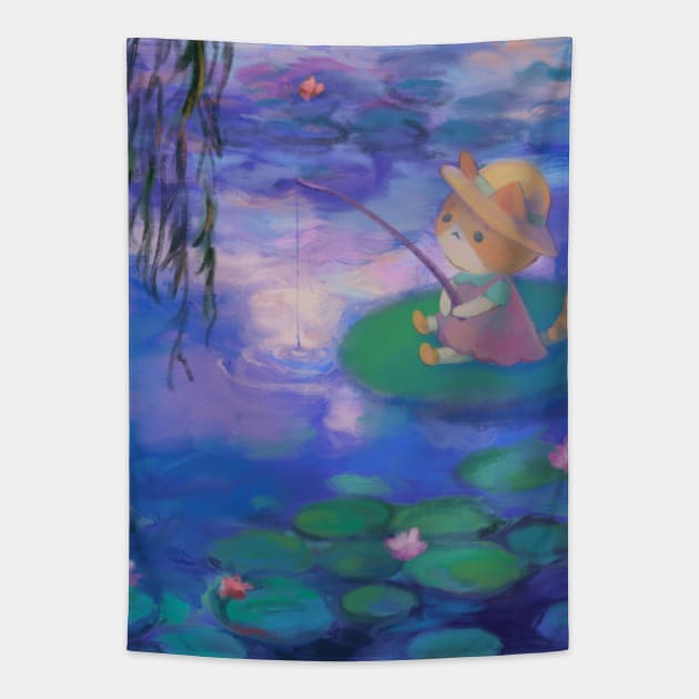 Cat Fishing Among Monet Water Lilies Tapestry by vooolatility