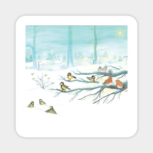 Forest birds in winter in the white snow Illustration Magnet