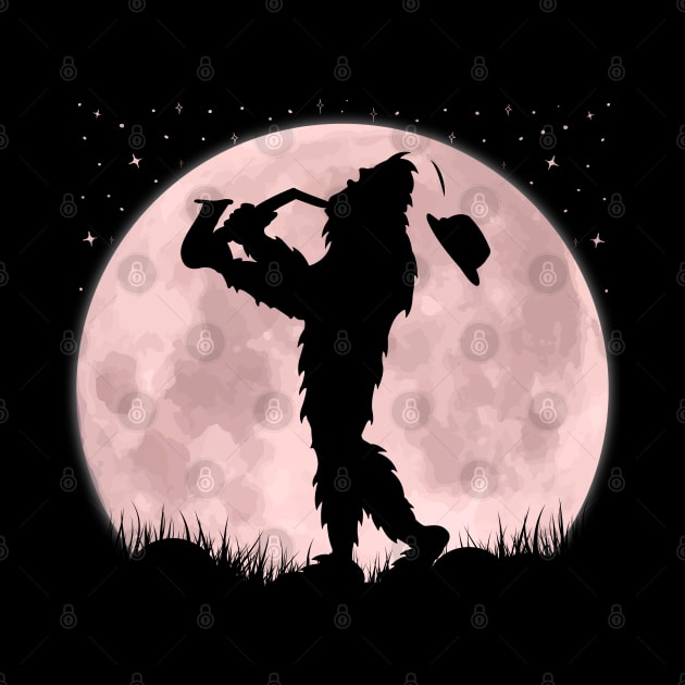 Bigfoot Playing Saxophone Full Moon by Tesszero