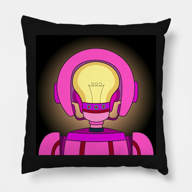 AI female pink robot with a yellow light bulb inside a head. Modern technology and futuristic concept. Pillow by Nalidsa