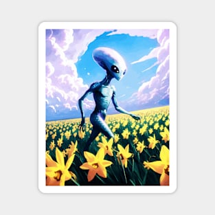 Alien walking through a vast field of yellow daffodils 4 Magnet