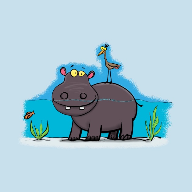 Cute hippo in the river with bird cartoon by FrogFactory