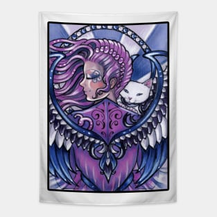 Guardian Angel and White Cat - Black Outline Version Tapestry