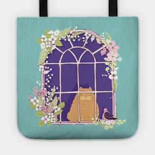 Kitty Cat In A Pretty Springtime Window With A Fancy Friend Tote