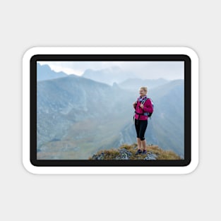 Woman backpacker hiking on a trail Magnet